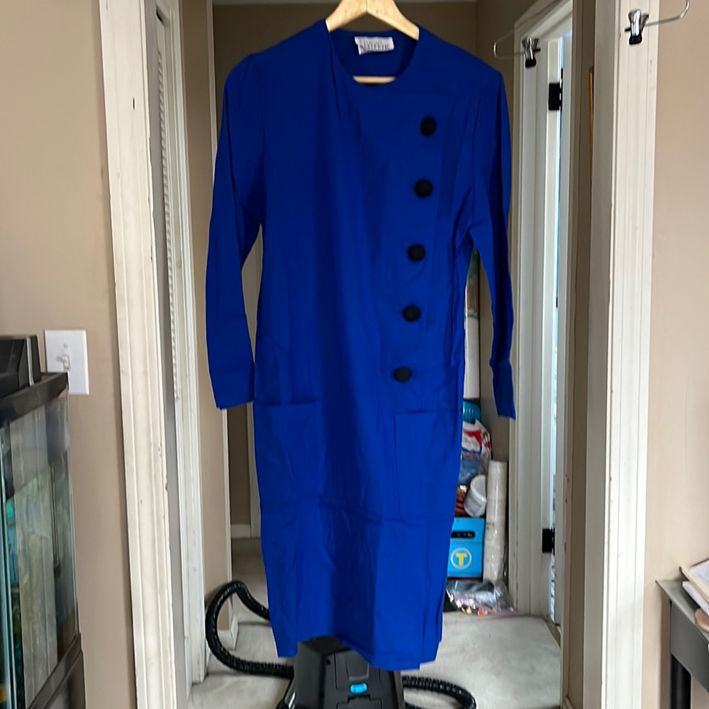 Light wool, royal blue dress, black buttons